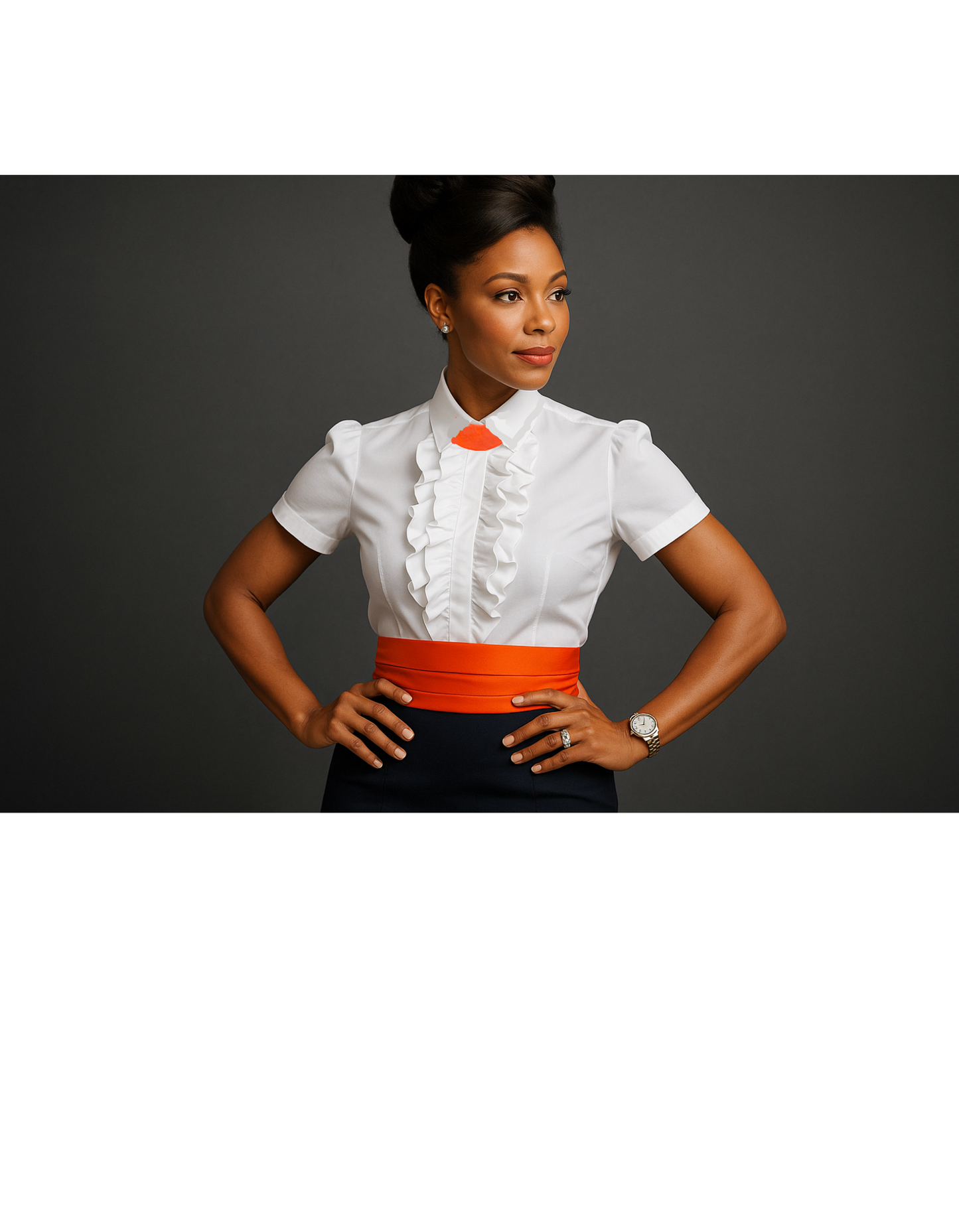 Woman wearing a Army Signal Corps female dress mess set comprised of an orange mess neck tab and orange cummerbund against a gray background