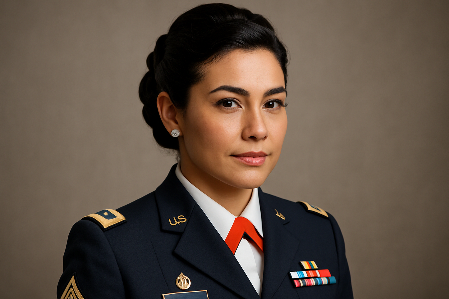 Create a Hispanic Female with her hair in an updo and her ears adorned with diamond earrings. She is wearing the U.S. Army Female Dress Blue Uniform with an orange neck tab. Make it realistic.